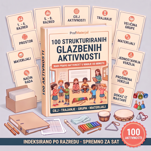 100 strukturiranih glazbenih aktivnosti — banka aktivnosti indeksirana po razredu, cilju, trajanju i materijalima